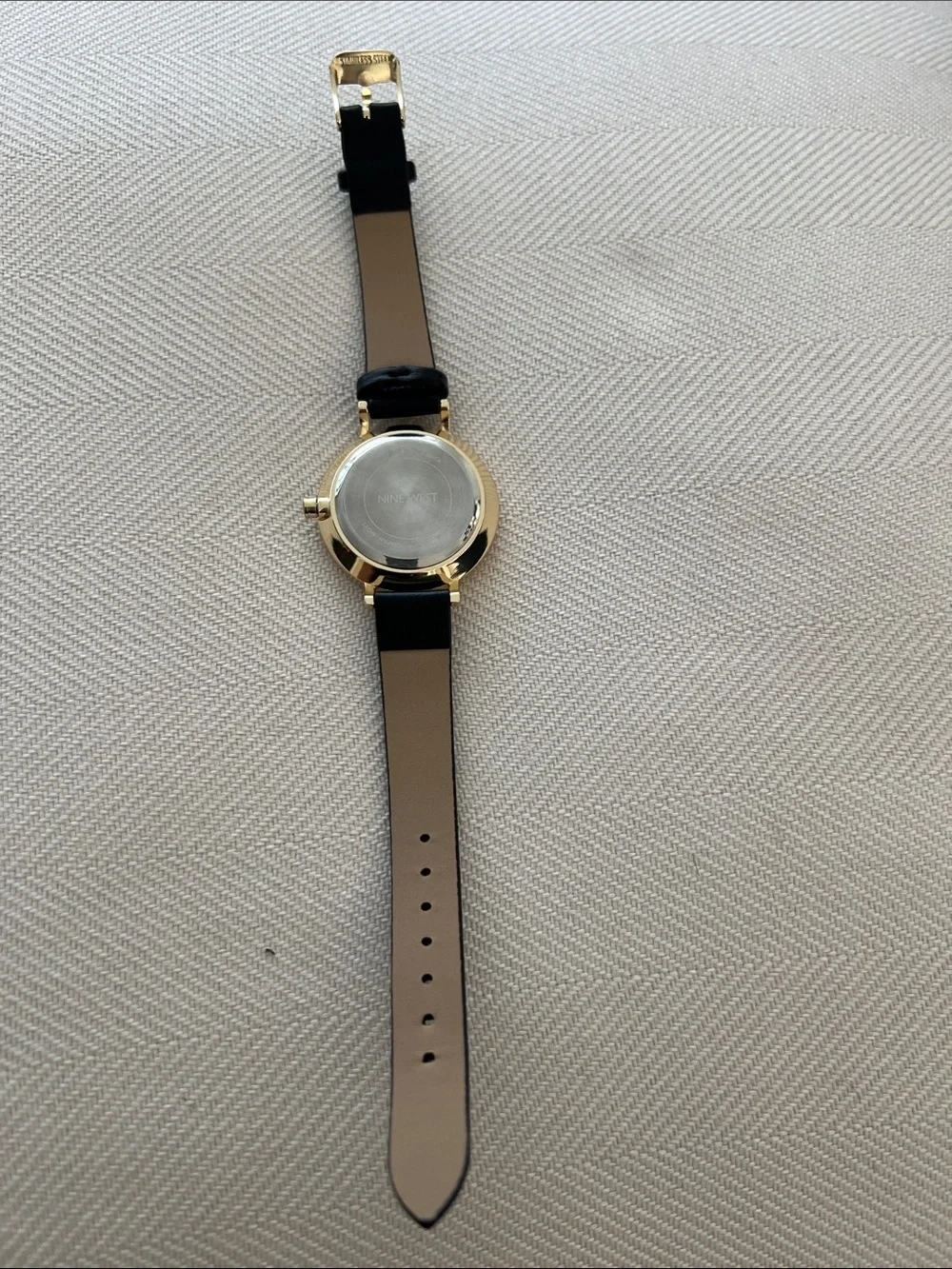 Nine West Women's Floral Dial Gold-Tone Watch with Black Leather Strap